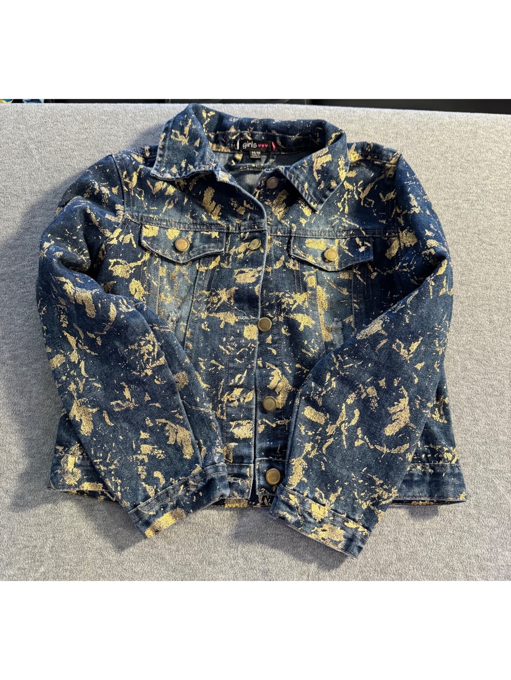 Girls luvv blue denim jacket with gold splatter print size 14 16